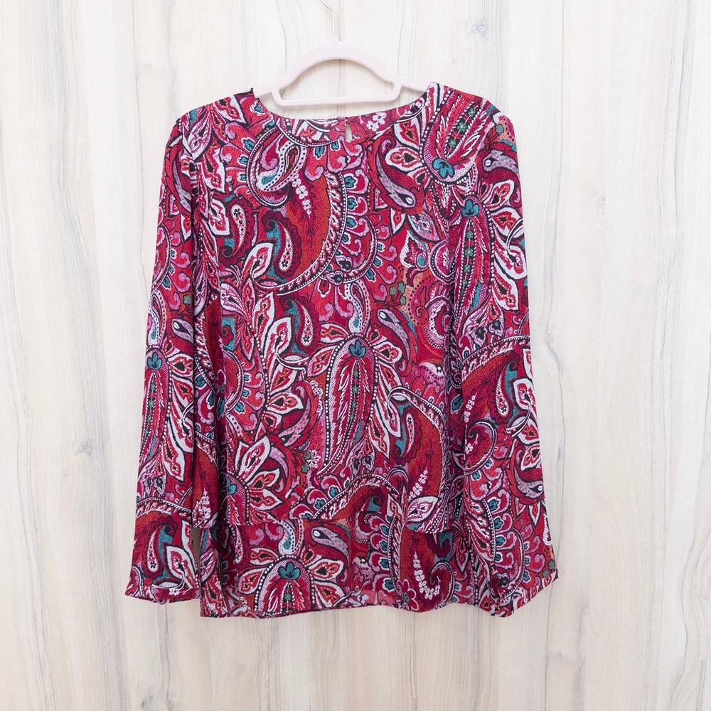 J. Jill Womens Paisley Blouse S Red Long Sleeve Layered Hem Boho Office Artsy